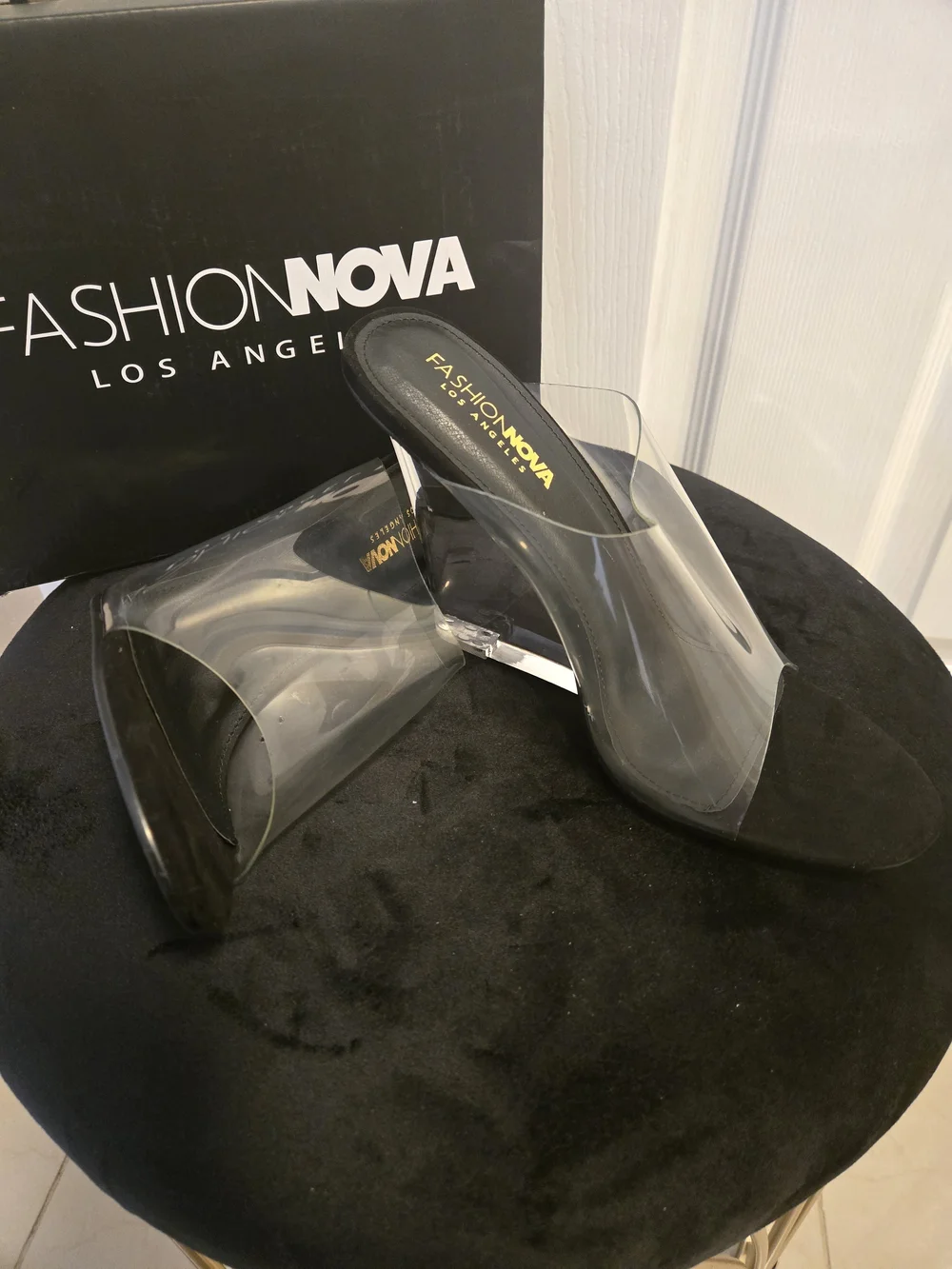 Fashion Nova Clear Strap Black Wedge Heels
